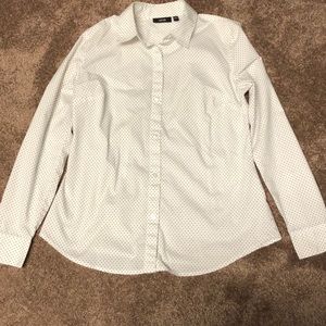 White w/black polka dot button down